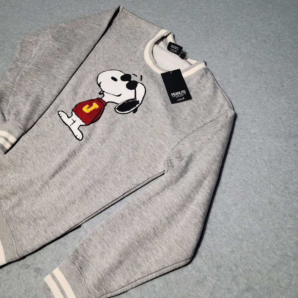 Peanuts Snoopy Varsity Stripe Graphic Crewneck Sweatshirt Gray Small NWT